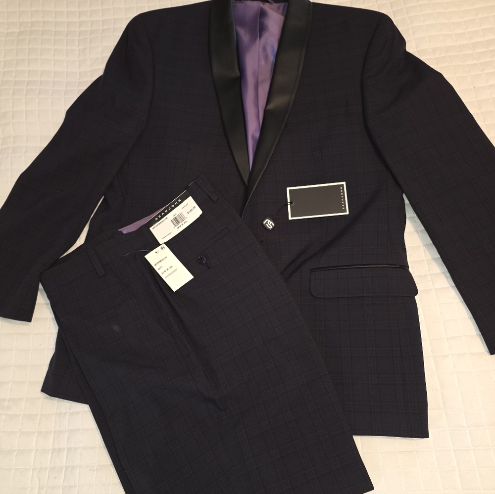 Elegant Navy Plaid Tux with Purple Lining